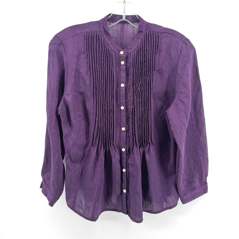 Womens Pintuck Blouse Medium Purple Pleated Embroidered Boho Cottagecore Top